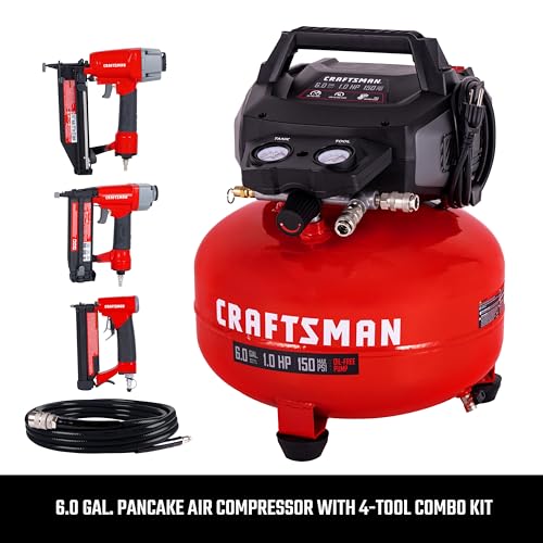Craftsman 6-Gallon Pancake Air Compressor 4-Tool Combo Kit, 150 PSI, Oil-Free, Includes 16GA Finish Nailer, 18GA Brad Nailer, 23GA Pin Nailer & 25-Ft Air Hose, Model CMXECXA0210641K