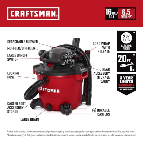 CRAFTSMAN CMXEVBE17607 16 Gallon 6.5 Peak HP Wet Dry Vac with Detachable Leaf Blower, Portable Shop Vacuum Wet and Dry with Filter, Dust Bag, Hose and Attachments for Garage, Outdoor Cleaning