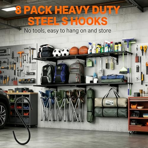 2 Pack Heavy Duty Garage Wall Shelves, 46"x12.5" Wall Mounted Floating Storage Shelf with 8 Hooks, Reinforced Powder Coated Steel Industrial Shelving, 380 LBS Load Capacity for Basement Workshop Shop