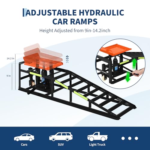 Heavy Duty Hydraulic Car Ramps 2 Pack, 5 Ton Capacity 9-15 Inch Lift for Cars SUVs Trucks with Rolling Wheels & Reflective Strips for Oil Changes Tire Rotations