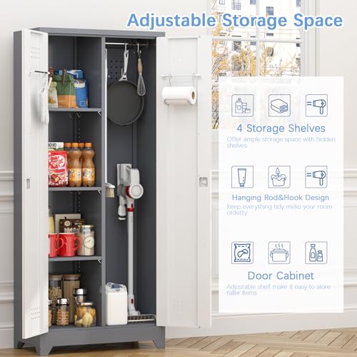 IRONFFICE Metal Garage Storage Cabinets,Broom Closet Storage Cabinet with Doors and Shelves,Tall Utility Closet Cabinet with Pegboard,Laundry Cabinet for Garage,Warehouse,Home,Basement,Grey-White