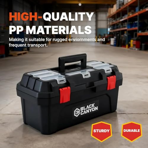 Black Canyon 17 Inch Plastic Tool Box, Support up to 44 lbs,Dual-Layer Design, Flexible for Stacking, Top-Lid Storage, Ideal for DIY, Workshop