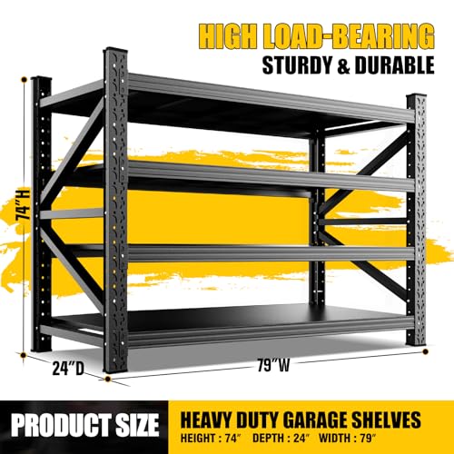 8000LBS Heavy Duty Storage Shelves, 4 Tier Adjustable Garage Shelving Unit, Heavy Duty Metal Shelving for Garage, Basement, Warehouse, Storage Room, Garage Storage Shelves, 79" W x 24" D x 74" H Black