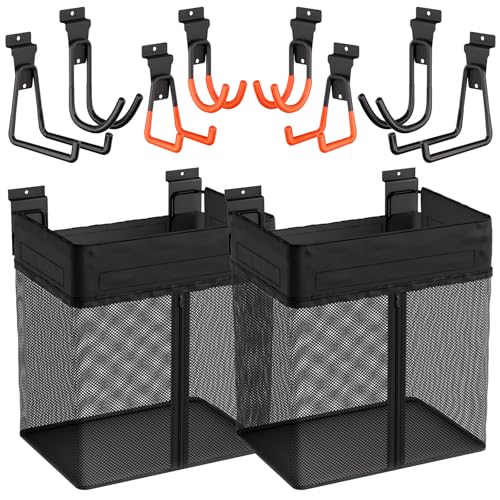 INCLY 10PCS Slatwall Accessories Kit, 2 Pack Large Mesh Slatwall Baskets with Zipper & 8PCS Heavy Duty Slat Wall Hooks, Mounted Slat Wall Accessory for Garage Home Storage & Organizing