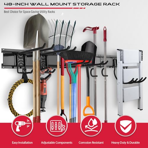 SEDY 48" Heavy Duty Garage Wall Organizer, Wall Mount Tool Storage Rack with Adjustable Hooks, Garden Tool Organizer Hold Up to 300lbs, Easy Installation (3 Panels, 8 Hooks, 3 Straps)