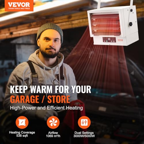 VEVOR Electric Garage Heater, 5000 Watt Digital Fan Forced Wall Ceiling Mount Shop Heater, Remote Control, Overheat Protection, Hardwired Heater with 9 Hour Timer, ETL Listed