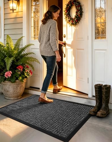 Mibao Front Door Mat, Heavy Duty Durable Welcome Mat for Outdoor Indoor, Dirt Trapper Waterproof Super Absorbent Door Mat for Entryway Outside Patio Porch, 29.5" x 17", Grey