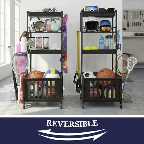 Faesun Sports Equipment Organizer, Ball Storage Rack for Garage, 4-Tier Indoor/Outdoor Rolling Ball Carts with Wheels for Toy Sports Gear Storage, Black