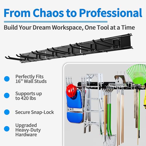 wallseffic Garage Tool Organizer Wall Mount, 48" Heavy Duty Wall Tool Organizer Rack with 6 Hooks, Garage Storage Tools Hanger for Shovel, Rake, Folding Chair, Garden Tools, Lawn, Yard, Shed