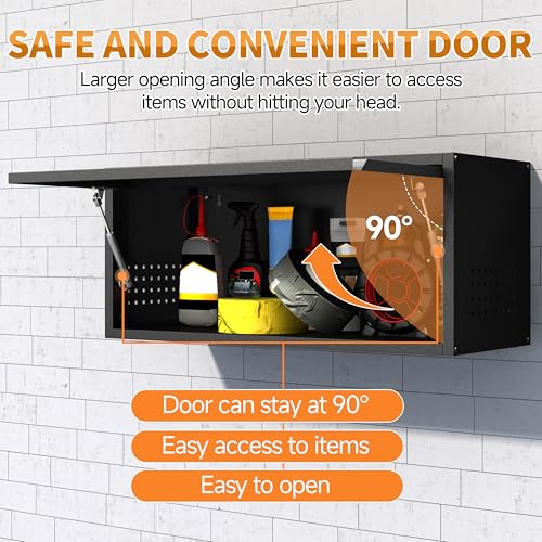 Firstsky Metal Garage Wall Cabinet with Up-Flip Door,Wall-Mounted Steel Storage Cabinet, Float Tool Cabinet with Pegboard,Upper Cabinet for Kitchen,Garage,Workshop,Warehouse(13.8" H,Black)