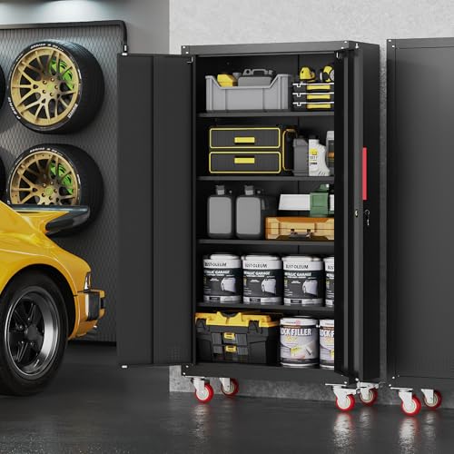 Rumetol Metal Storage Cabinet with Wheels,71" Garage Cabinets with 4 Adjustable Shelves and Lockable Doors,Black Locking Cabinet Suitable for Garages,Home,Office