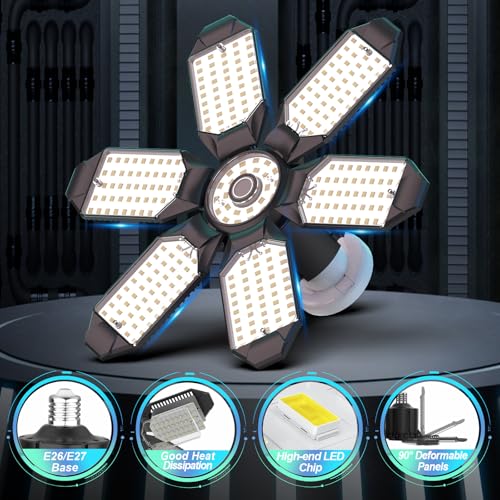 LUCORUSC Led Garage Lights Bulb 6 Pack 200W Super Bright Ceiling Led Shop Lights, E26/E27 Base, 6500K, 22000LM Deformable Led Garage Light for Basement, Attic and Workshop Commercial Bay Lighting