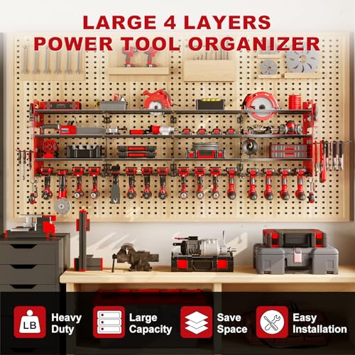 Neatolgrid Large Power Tools Organizer Wall Mount, 16 Drill Holder for Garage, Workshop Heavy Duty Storage Rack(Red)