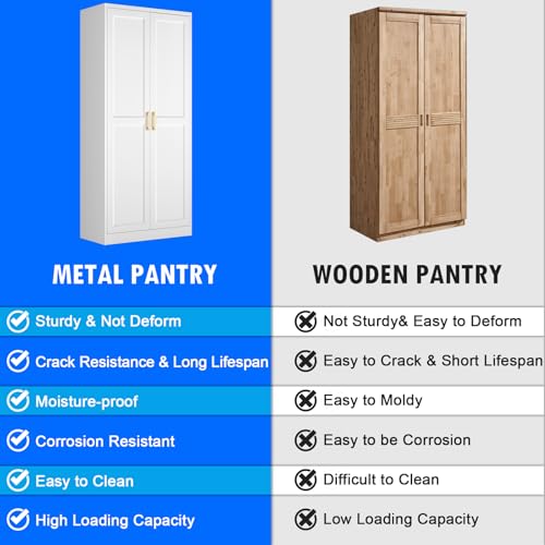Polup White Kitchen Pantry Cabinet, 71 Inch Tall Metal Storage Cabinet with Doors and Shelves, Pantry Cabinets for Kitchen Storage, Freestanding Cupboard for Living, Dining Room, Assemble Required