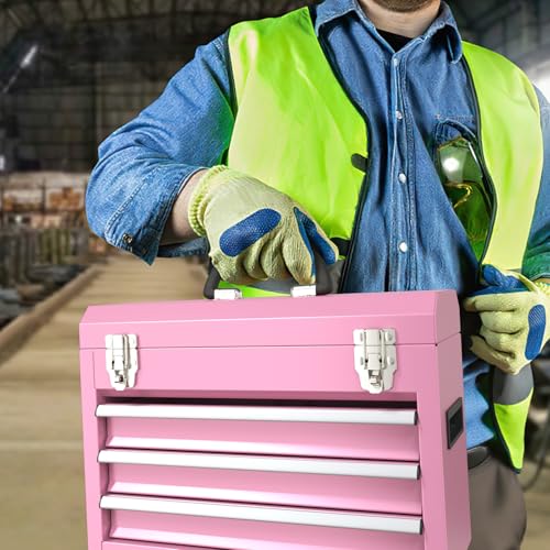 Kieperi 3 Drawers small Tool Box, Portable 3 Drawer Steel Tool Box with Locking System toolbox organization with Liner for Tools Storage (Pink)