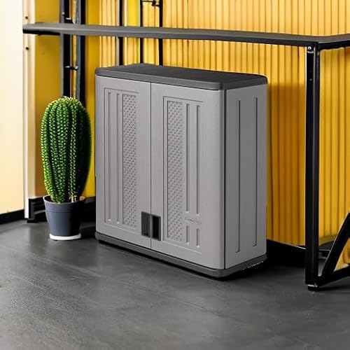 Suncast Wall Storage Cabinet for Garage Organization - 4 Cu. Ft. Wall Mounted Garage Cabinet with Shelf for Garden Supplies, Paint Cans & Outdoor Tools, Multi-Wall Resin Construction, Platinum