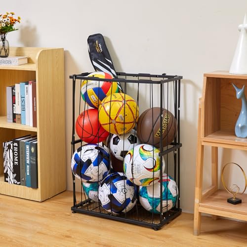 Garage Ball Storage Wall-Mounted & Floor Sports Equipment Organizer: Sports Ball Rack with Elastic Rope, Holder for Basketball, Soccer, Volleyball, Football, Garage, Gym, Black(Patent Pending)