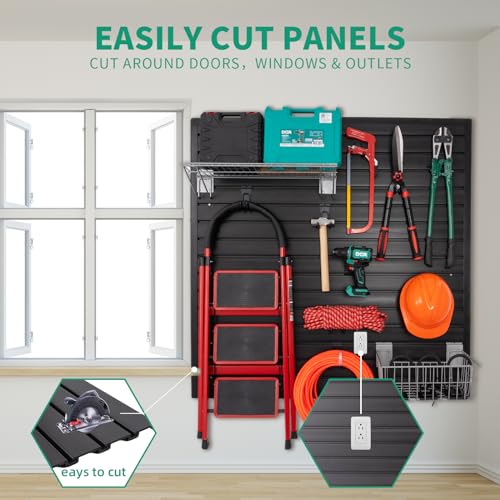 FRAYSCENT Slat Wall Paneling Garage Slat Wall Storage Systems Slatwall Panels Power Tool Organizer Wall Mount, PVC Garage Storage & Organization Products Slate Board (Black, 4ft x 8ft with 15 Hooks)