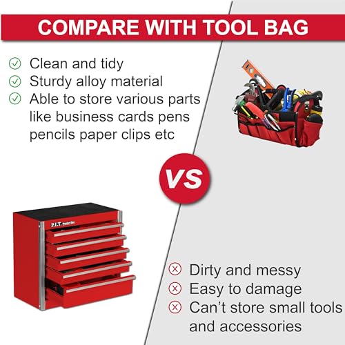 P.I.T. Mini Tool Box 8.6"W X 4.6"D, Portable 5-Drawer Micro Steel Stackable Toolbox with Liner, Red Cute Tool Case for Small Tools Parts Storage, Home DIY