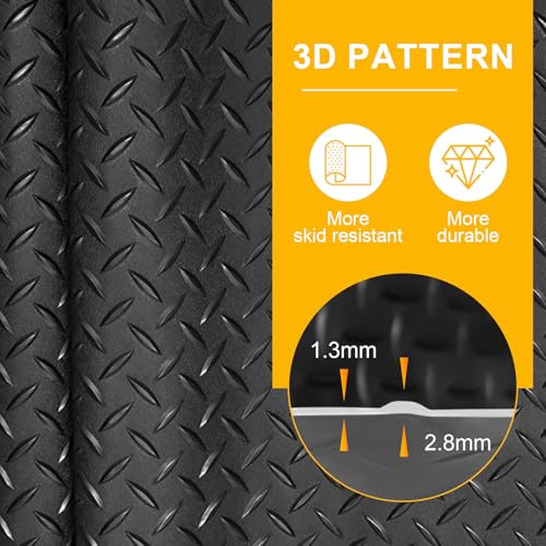 7.5x25 FT Garage Floor Mat, 2.8mm Thickened Flooring Roll Under Car Mat with 20Pcs Tapes, Diamond Plate, Non-Slip Floor Protector Mat for Trailer, Garage, Warehouse, Gyms, Trailer, Matte Black