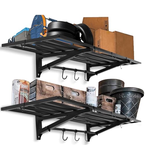 Leekimid 2-Pack 1X4 FT Garage Shelving Wall Mounted Holds Up to 800 Lbs Heavy Duty Wall Shelf, Black Metal Floating Adjustable Wall System Shelves for Garage Storage, Shed
