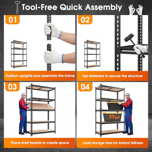 REIBII 2400LBS Garage Shelving Heavy Duty,5 Tier Storage Shelves Adjustable Metal Shelving Unit,Garage Shelves for Basement,Warehouse,Commercial,Pantry,Closet,Kitchen 72x36x16,Black