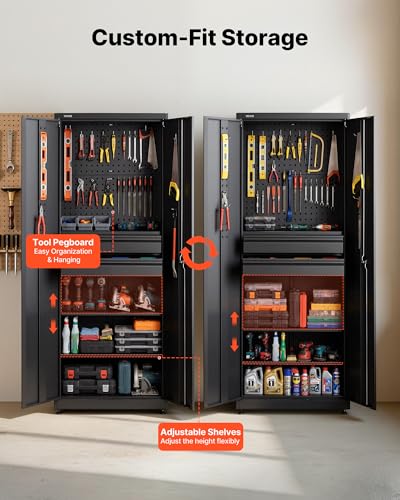 VEVOR Metal Storage Cabinet, 180 lbs Shelf Load Capacity, 70.87" Tall Garage Tool Storage Cabinet with 2 Locking Doors, Adjustable Shelves, 2 Drawers, Pegboard, for Garage, Home, Office, Utility Room