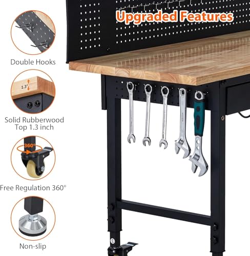 Workbench 60" x 22" Adjustable Height Worktable, Heavy Duty Rubber Wood Top, 2000 LBS Load Capacity, Tool Storage Workstation with Drawer, Pegboard, Power Outlets & Lockable Wheels, with Drawer Back
