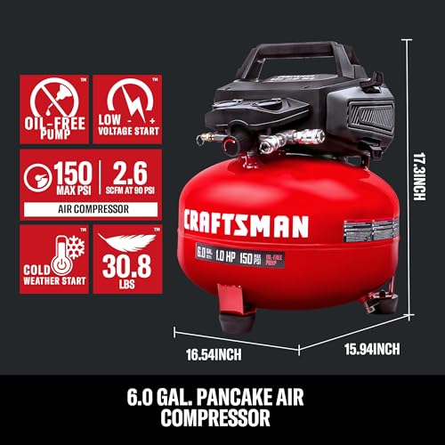 CRAFTSMAN 6 Gallon Pancake Air Compressor, Portable Oil-Free, 150 PSI, 2.6 SCFM @ 90 PSI, with 10-Piece Accessory Kit, Model CMXECXA0210641B