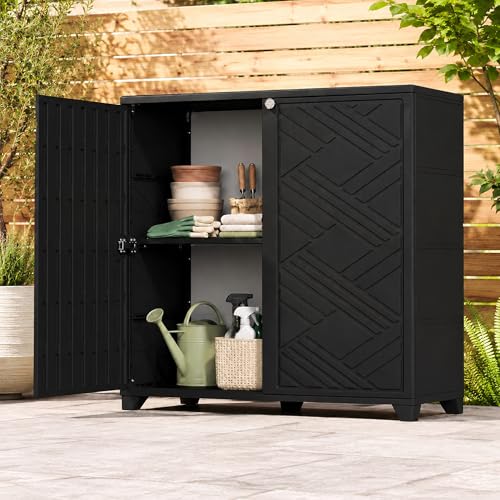 ADDOK Outdoor Storage Cabinet, 60 Gallon Waterproof Resin Patio Storage Cabinet with 1 Adjustable Metal Shelf and Double Doors, Weather-Resistant Organizer for Garden Tools, Pool Supplies and Toys