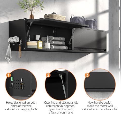 Coolsun Metal Wall Cabinet, Garage Wall Cabinet with Up-Flip Door, 31.5" W Wall Mounted Metal Storage Cabinet for Kitchen,Garage,Basement,Ware House Assembly Required (Black)