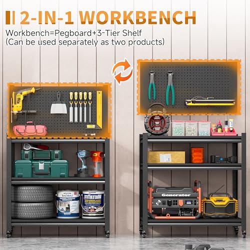 48" H Metal Garage Workbench with Pegboard,3-Tier Roling Tool Work Bench,Adjustable Heavy Duty Work Table on Wheels,Black Mobile Workstation for Garage Warehouse Workshop,Screwless Design