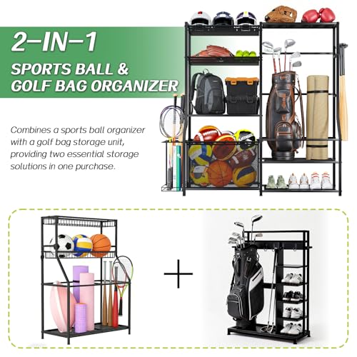 Insdiy Garage Sports Equipment Organizer, Golf Bag Storage Rack Heavy Duty Ball Organizer with Baskets, Bat Holder & Shoe Shelf, Multi-Purpose Toys Sports Gear Storage for Indoor Outdoor
