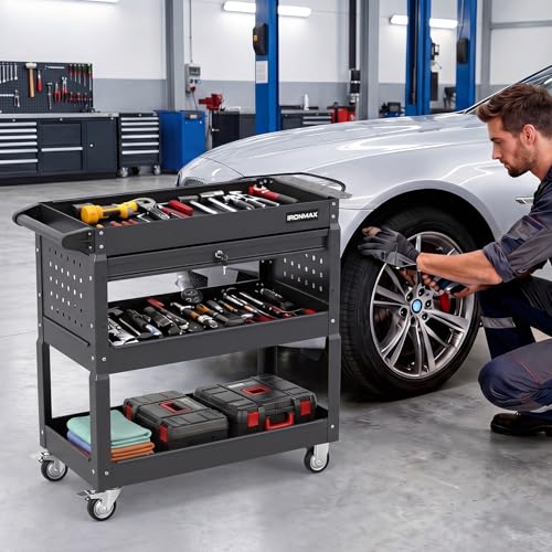 Goplus 3 Tier Rolling Tool Cart with Lockable Drawer, Heavy Duty Metal Utility Cart on Wheels with Pegboards & Hooks, Mechanic Tool Storage Organizer for Garage, Warehouse & Workshop (Black)