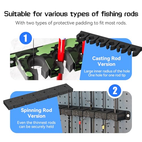 Tcakelox 2 Packs Fishing Rod Holder for Garage Vertical Wall-Mounted Stores 12 Rods or Combos Fits Most Rod Diameters (Vertical Black, 2 Pair 12 Rods)