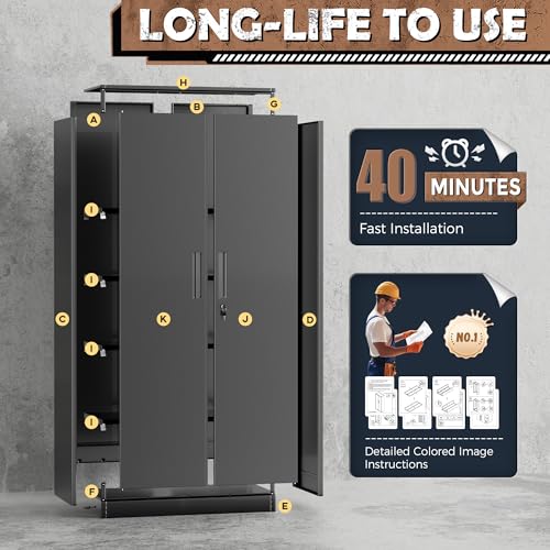 INTERGREAT Metal Storage Cabinet, 72” H Storage Cabinet with 2 Doors and 4 Adjustable Shelves for Office, Home, Garage, Pantry (Assembly Required, Black)