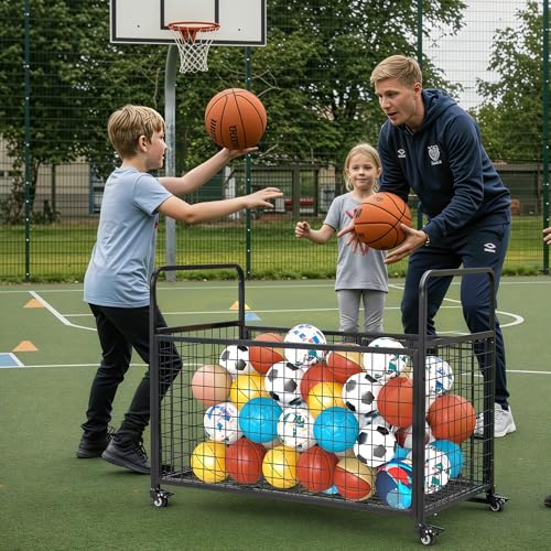 AECOJOY Ball Cart Storage, Extra Large Rolling Basketball Bin with Wheels for Garage, School, Gym, Sports Equipment and Toy Organizer, Indoor & Outdoor