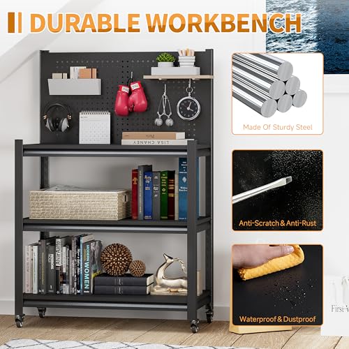 48" H Metal Garage Workbench with Pegboard,3-Tier Roling Tool Work Bench,Adjustable Heavy Duty Work Table on Wheels,Black Mobile Workstation for Garage Warehouse Workshop,Screwless Design