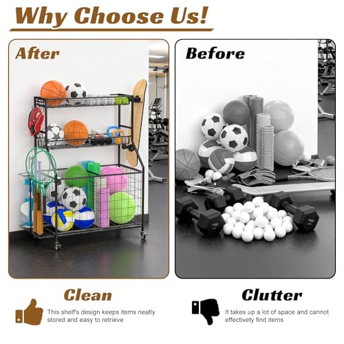 Soixehet Sports Equipment Garage Organizer,Garage Ball Storage for Sports Gear and Toys, Rolling Ball Cart with Wheels for Indoor/Outdoor Use Black