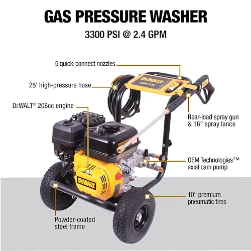 DeWalt 3300 PSI Gas Pressure Washer, 5 Nozzles, Spray Gun, Wand, 25-ft. Hose, DXPW3300-S, 49-State