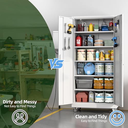SUXXAN Metal Garage Storage Cabinet with Wheels and Pegboard 71'' x 34'' x 18'', Lockable Rolling Steel Cabinet with 5 Adjustable Shelves and Door for Garage, Office, Kitchen, Assembly Required