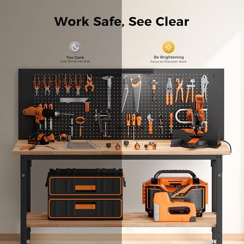 CAMMOO 60" Work Bench Adjustable Height with Storage Shelf, Max Load 2000 LBS Heavy Duty Rubberwood Tabletop with Pegboard, LED Light, Built-in Power Strip for Woodworking Shop, Garage, Home