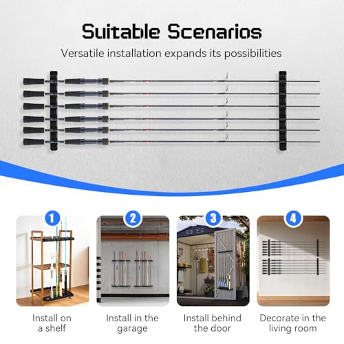 Tcakelox 2 Packs Fishing Rod Holder for Garage Vertical Wall-Mounted Stores 12 Rods or Combos Fits Most Rod Diameters (Vertical Black, 2 Pair 12 Rods)