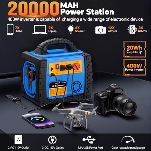 Car Jump Starter with Air Compressor, 1800A Battery Booster Pack for Up to 8.0L Gas & 6.0L Diesel, 150PSI Tire Inflator, 400W Portable Power Station with AC Outlet, 6-in-1 Jump Box for Cars, Trucks