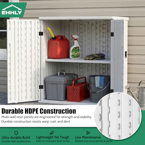 EHHLY Heavy Duty Small Storage Cabinet Outdoor Weatherproof, 14 Cuft Garage Storage Cabinet with 2 Adjustable Shelves, Lockable Kitchen Pantry Closer Organizer, 31Wx23Lx34H, Polar White