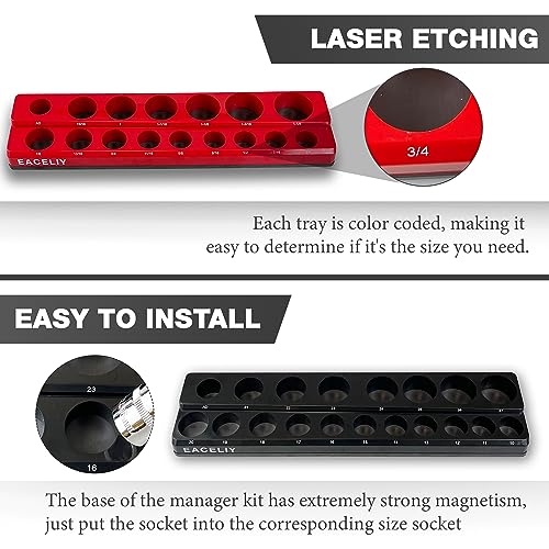 EACELIY 6-Piece Magnetic Socket Organizer Set, 1/2", 1/4" and 3/8" SAE & Metric Deep & Shallow Socket Holder Kit, holds 141 stanard Sockets, attaches to steel box/tool cart (sockets not included)
