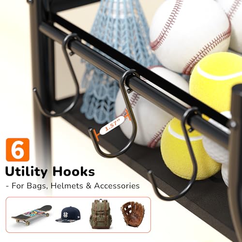 CACHOLIV Garage Sports Equipment Organizer with Wheels - Garage Ball Storage with Elastic Rope and 6 Hooks - Home Gym Storage for Basketball Soccer - Outdoor Storage Rack for School Playground (Black)