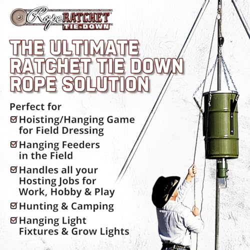 Rope Ratchet 3/8" 20' Solid Braided Rope Block and Tackle, Heavy Duty Pulley System Hoist for Lifting, Hanging Feeders, Garage Storage, Attic Lifts, Securing Loads, Tree Support, 250 lbs Capacity