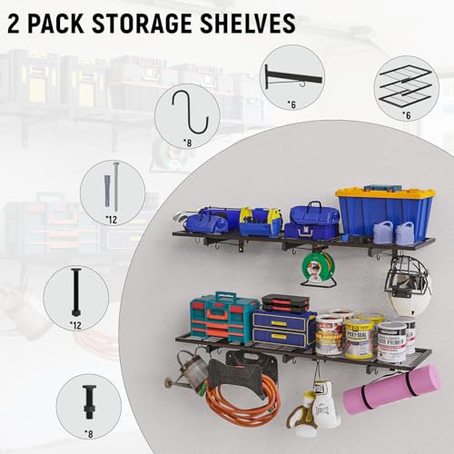 2 Pack Garage Wall Shelves, 46"X 12.5" Garage Shelving Wall Mounted, Heavy Duty Shelf Organizer with 8 Hooks, Black Floating Storage Metal Rack 320 LBS Capacity for Laundry Room, Office, Basement