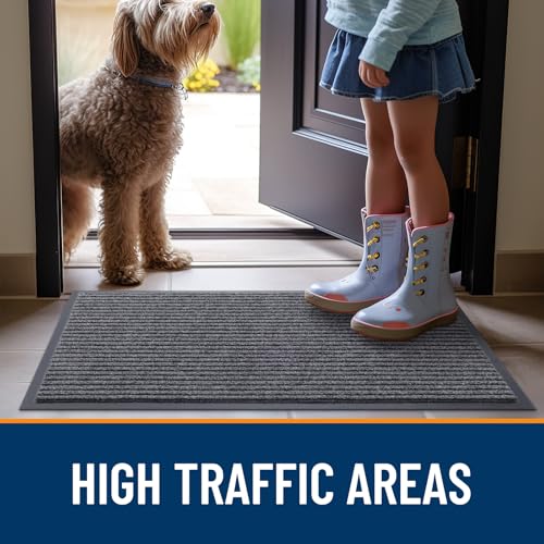 OLANLY Front Door Mat Indoor Outdoor Entrance, 2-Pack 29.5 x 17 Inch, Waterproof Heavy Duty Doormat, Fade Resistant, Low Profile, Easy Clean Patio Porch Welcome Floor Mats for Entry, Grey